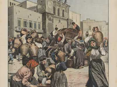 Andiamo ora all�edizione del 6 settembre 1908, in cui vengono ritratti i cittadini baresi in una frenetica corsa per l�approvvigionamento dell�acqua durante una delle pi� lunghe e dure siccit� che colpirono la citt�